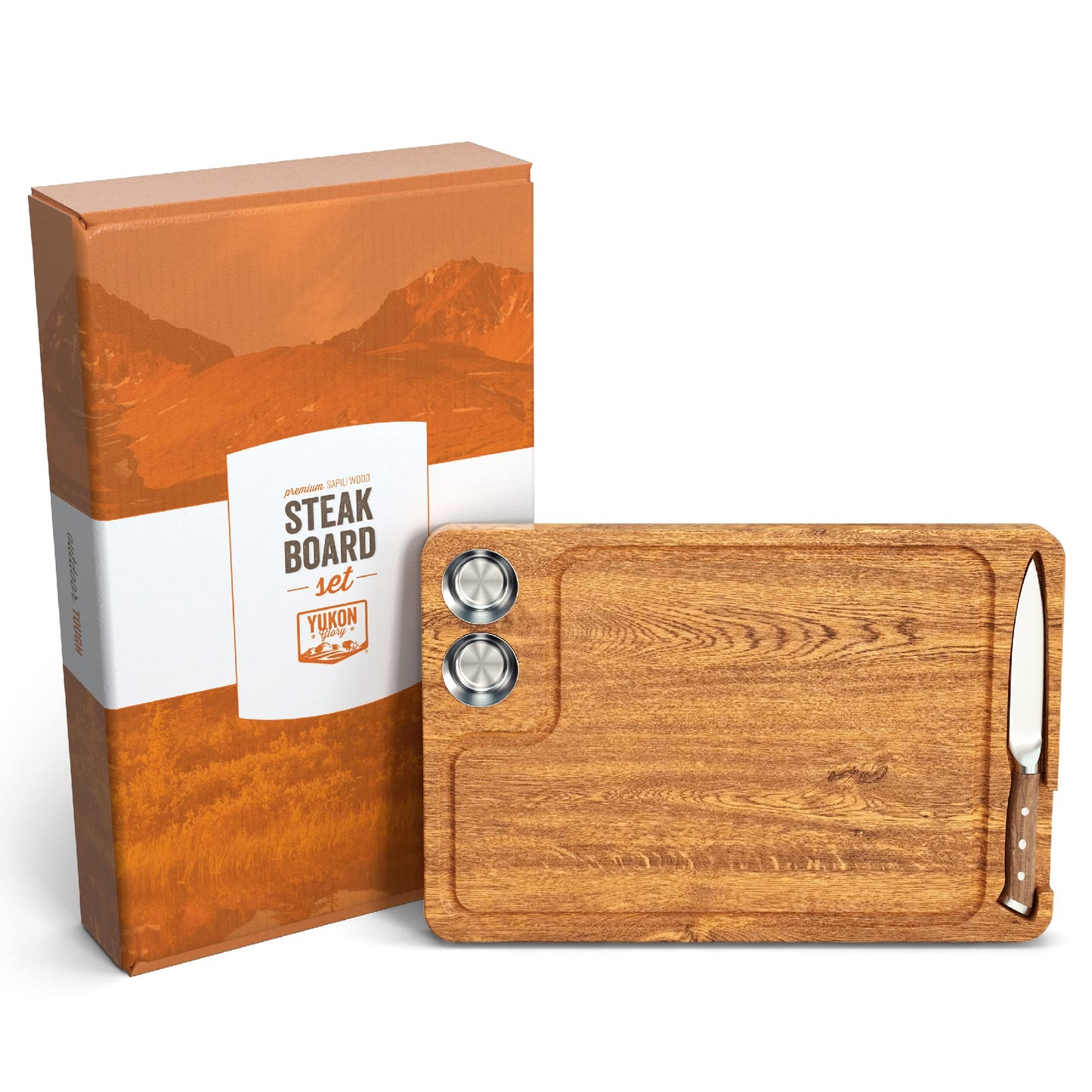 Yukon Glory Steak Board, Meat, & Poultry in Style, Acacia Wood, Includes Sauce Cups & Steak Knife-Amazon