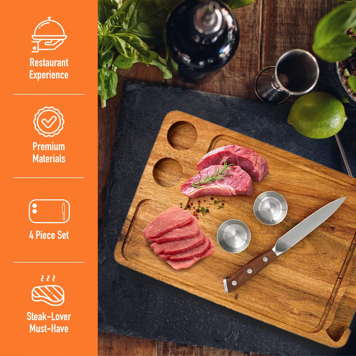 Yukon Glory Steak Board, Meat, & Poultry in Style, Acacia Wood, Includes Sauce Cups & Steak Knife-Amazon