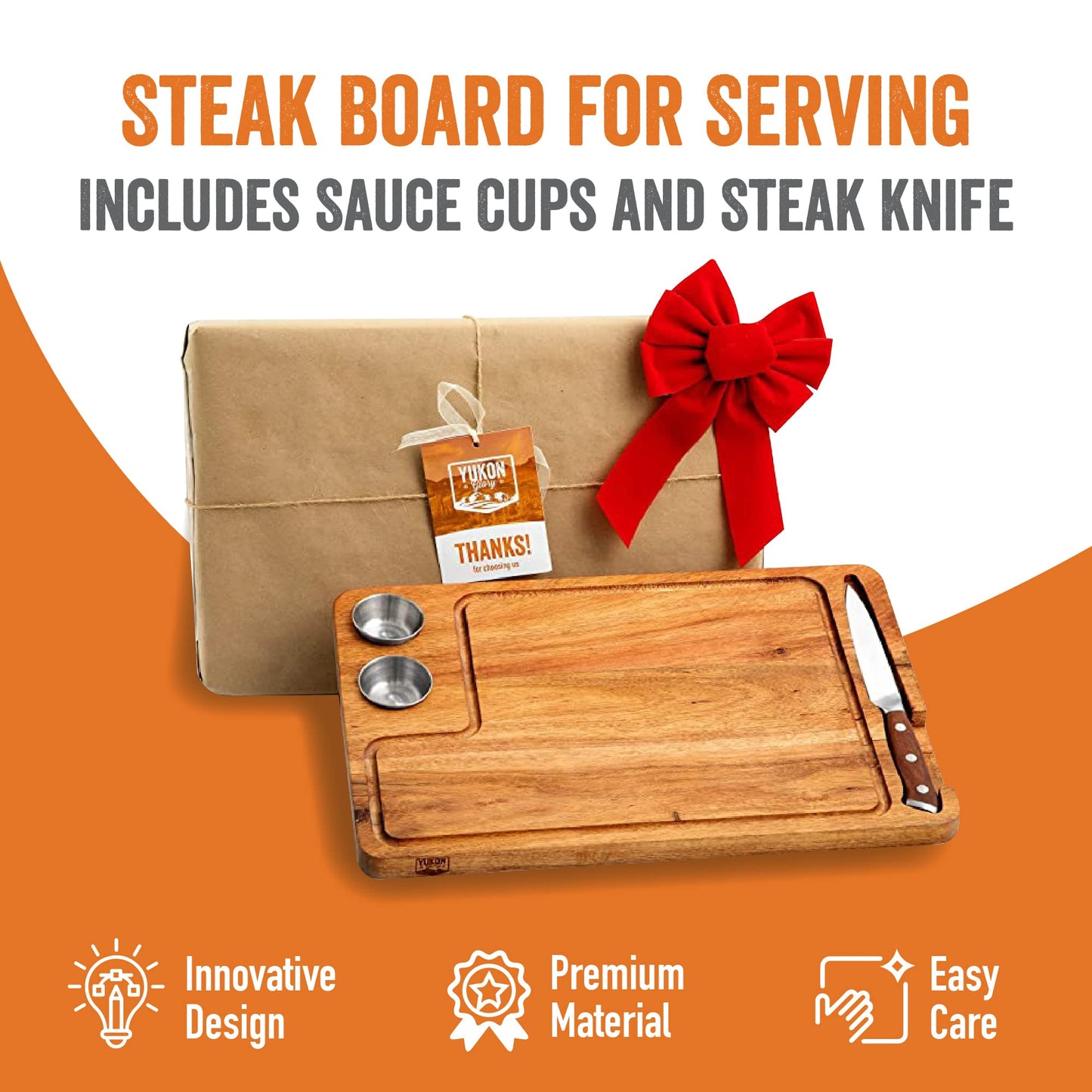 Yukon Glory Steak Board, Meat, & Poultry in Style, Acacia Wood, Includes Sauce Cups & Steak Knife-Amazon