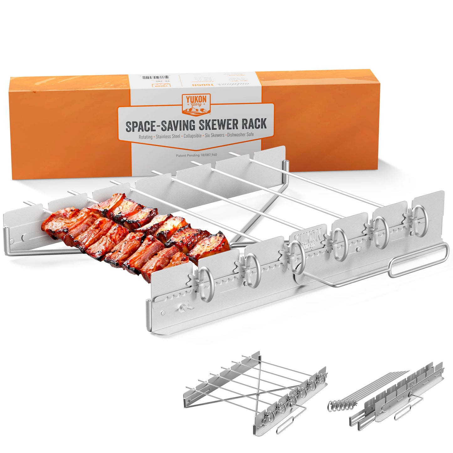 Yukon Glory BBQ Kabob Grill Rack | Rotating Kebab Skewers | Metal Skewers For Grilling | Collapsible Stainless Steel Kabob Skewers Holder | Grilling Accessories | Six Kebab Skewers - Yukon Glory