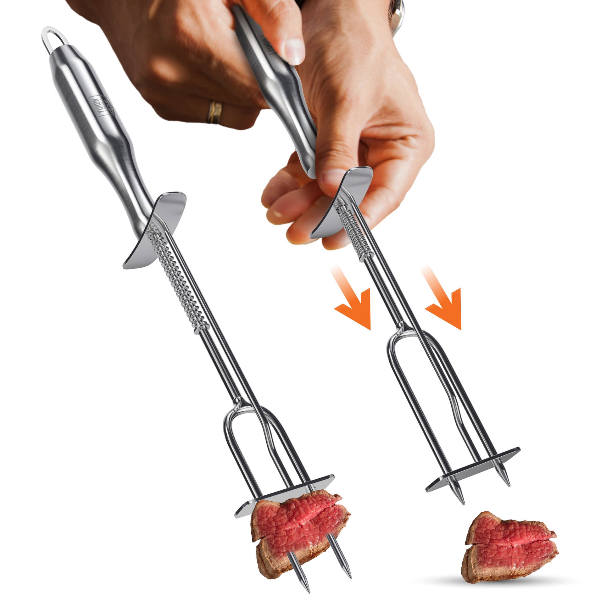Carving fork with release mechanism holding a piece of medium rare steak.