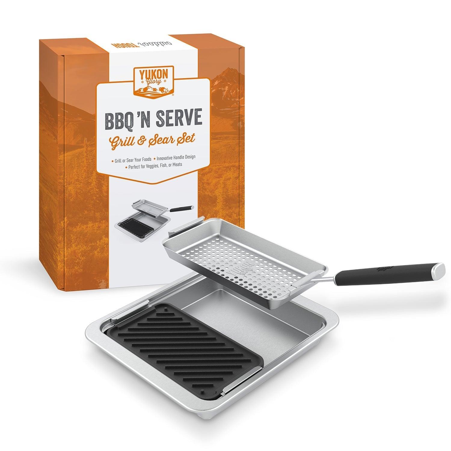 Yukon Glory BBQ 'N SERVE Grill & Sear Set Includes a BBQ Grill Basket - Cast Iron Grill Pan a Serving Tray & Clip-On Handle - Perfect Grill Baskets for Outdoor Grill Vegetables or Fish Basket & Meat