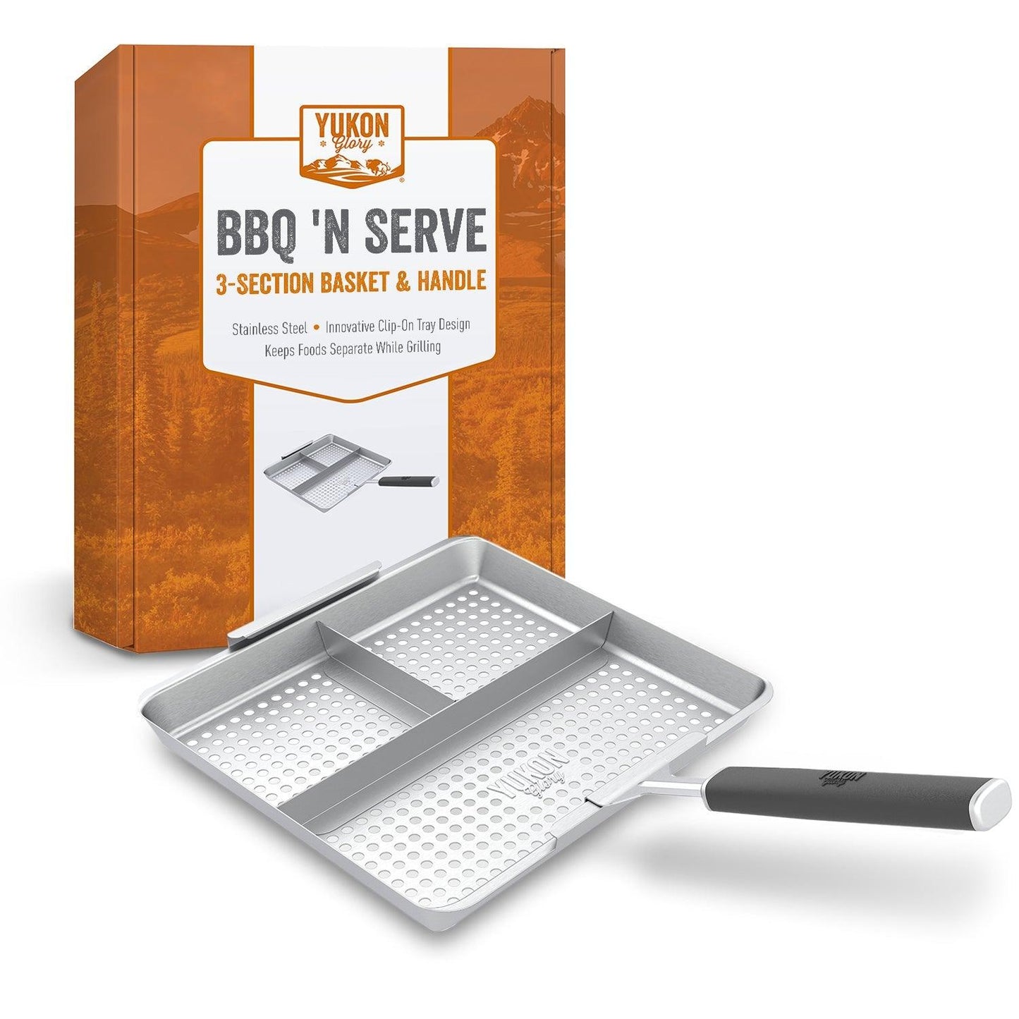 Yukon Glory Grill 'N Serve 3 Section BBQ Grill Basket The Grilling Basket Includes a Clip-On Handle - Perfect Grill Baskets for Outdoor Grill Vegetables or Fish Basket & Meat
