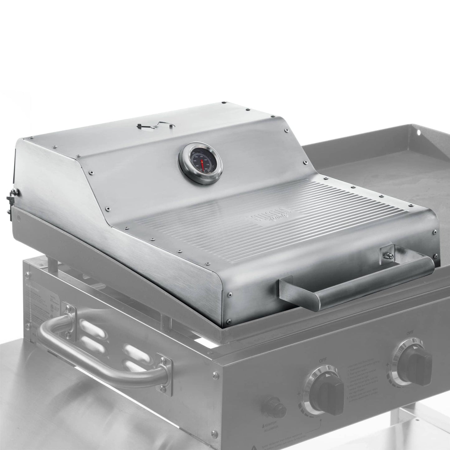 stainless steel griddle hood atop a blackstone 36 griddle
