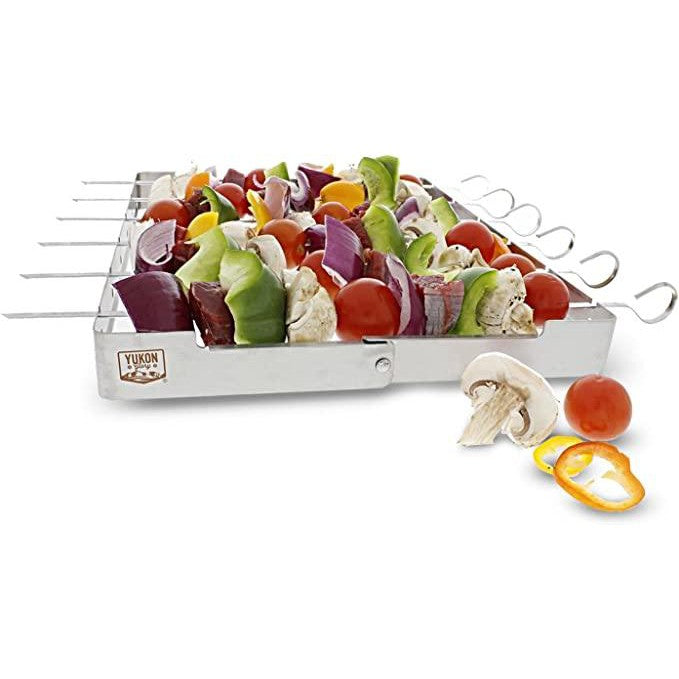 Yukon Glory BBQ Skewer Rack for Grilling Shish Kebob and skewers, Durable Foldable Stainless Steel with 6 Skewers
